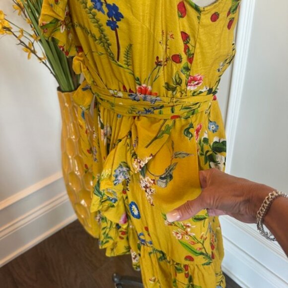 Anthropologie Maeve Floral Faux Wrap strawberry Gold Mustard Yellow Dress - Picture 12 of 16